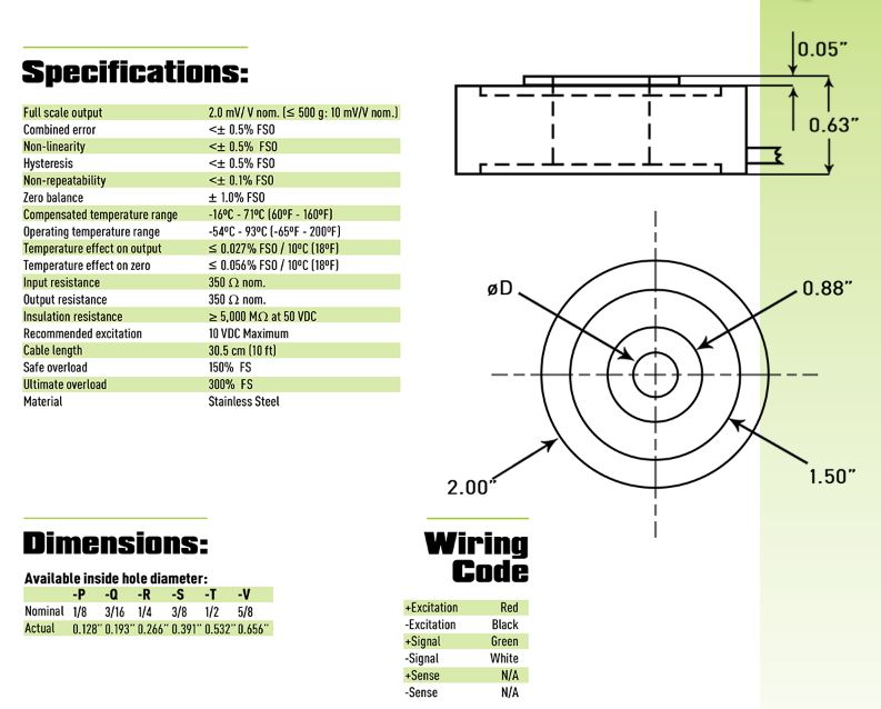 TCD load cell specifications and diagram